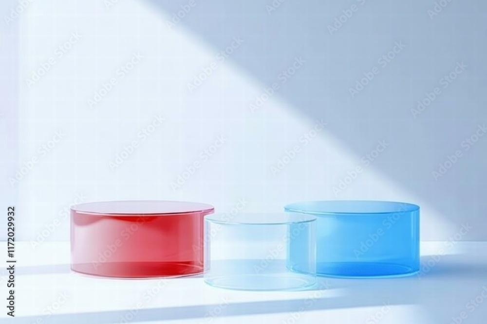 Aufkleber three transparent cylindrical objects in red and blue on a minimalist background.