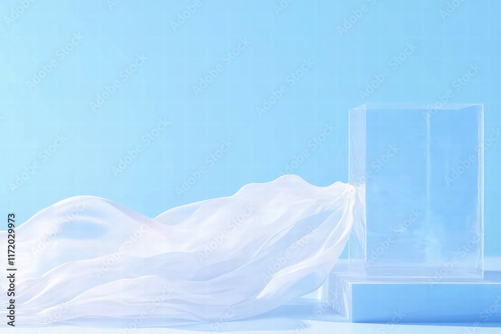 Aufkleber a serene composition of translucent fabric and clear blocks against a light blue background.