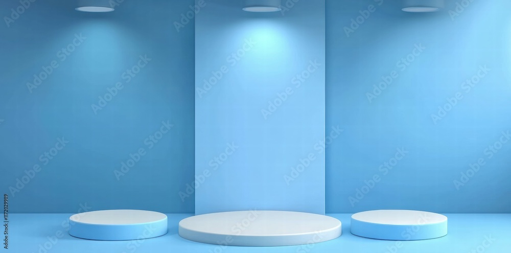 Poster a minimalist blue stage setup with circular platforms, ideal for presentations or displays.
