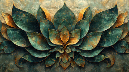 Abstract symmetric pattern of organic shapes resembling plant forms and cells, in green, brown, and gold, symbolizing natural harmony, balance, and organic beauty
