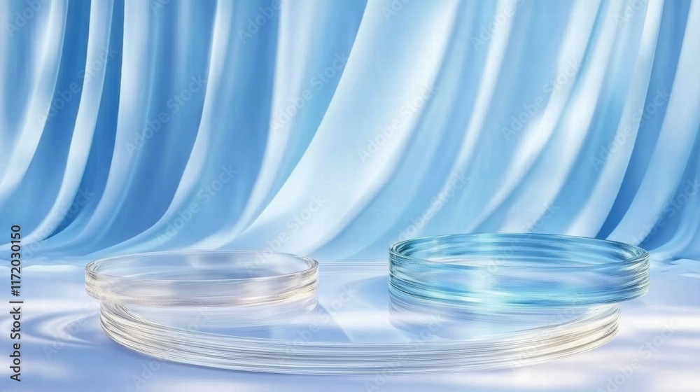 Aufkleber Soft blue drapery with circular glass platforms, creating a serene and elegant atmosphere.