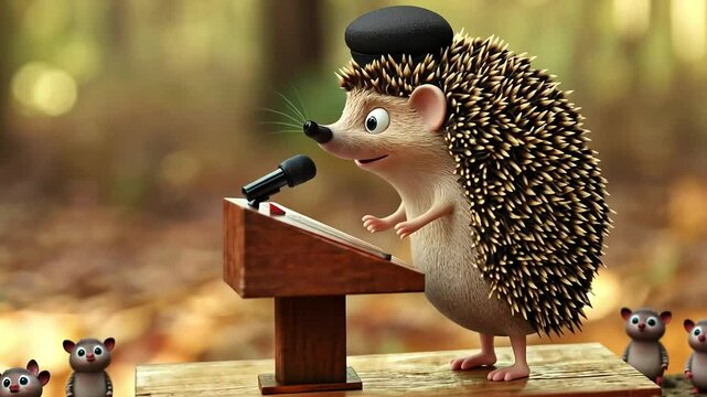 Cute cartoon hedgehog giving a speech at a wooden podium in an autumnal forest setting, surrounded by other hedgehogs.