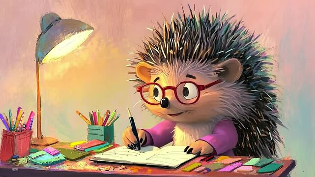 Cute hedgehog wearing glasses writes in a notebook at a desk with pencils, crayons, and sticky notes under a lamp.
