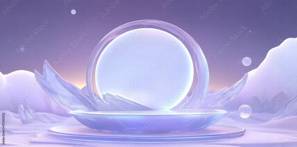 Poster a serene, ethereal scene featuring a translucent orb on a reflective surface amidst icy formations.