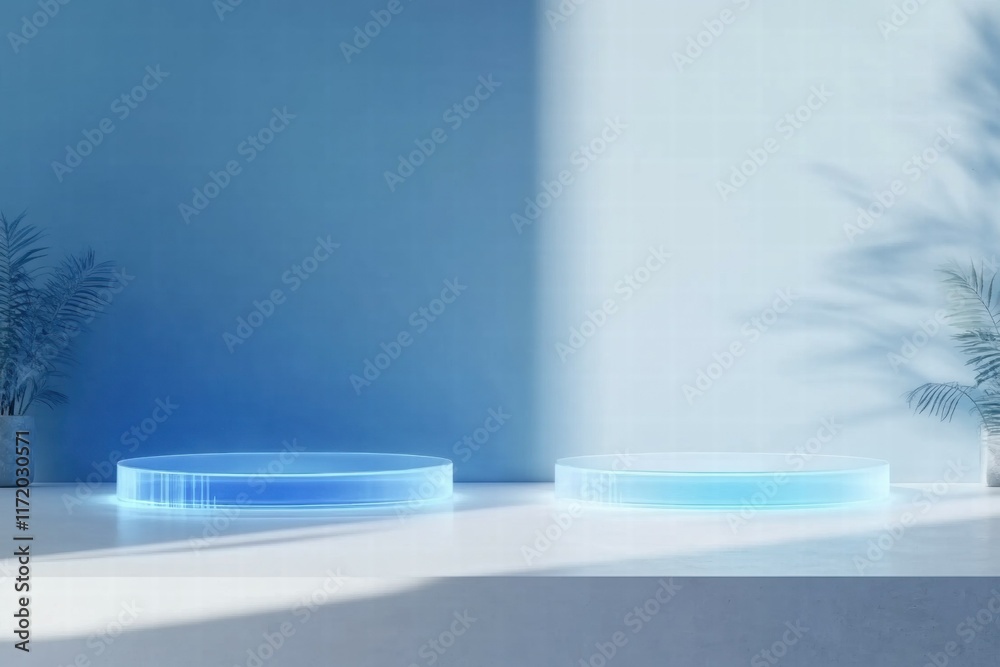 Poster two illuminated circular platforms against a blue wall with plants, ideal for display purposes.