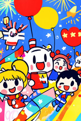 Fototapeta premium Colorful cartoon characters celebrating with balloons and fireworks. joyful scene captures festive spirit of celebration, filled with vibrant colors and playful expressions