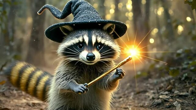 Cute raccoon wizard in a witch hat casts magic in a forest, surrounded by sparkling lights.
