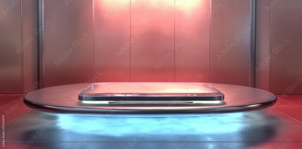 Fototapete a sleek device displayed on a futuristic platform in a high-tech environment.