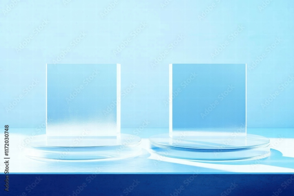 Poster two clear glass blocks on circular bases against a soft blue background.