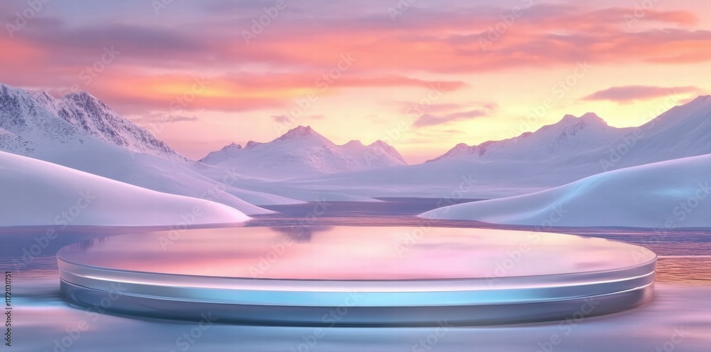 Poster a serene snowy landscape with a reflective platform under a colorful sky at dawn.