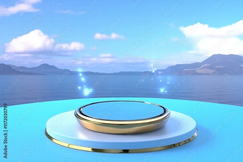 Poster a serene platform on calm waters, suggesting a presentation or showcase space.