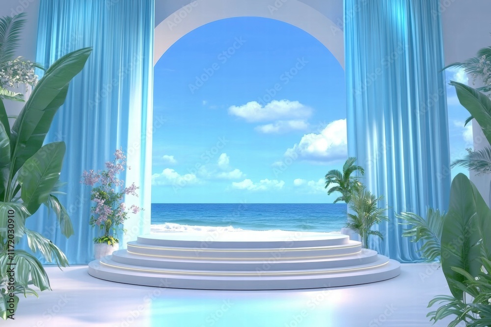 Poster a serene indoor setting with a view of the ocean, featuring elegant curtains and plants.