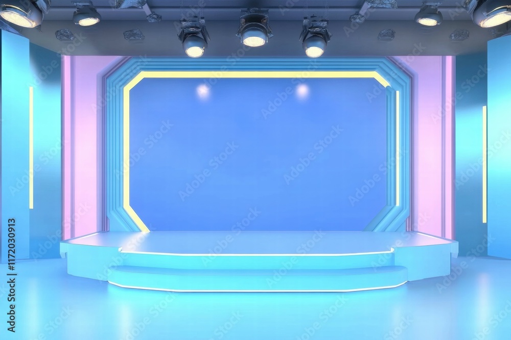 Poster a modern stage setup with vibrant lighting and a minimalist design for presentations or performances