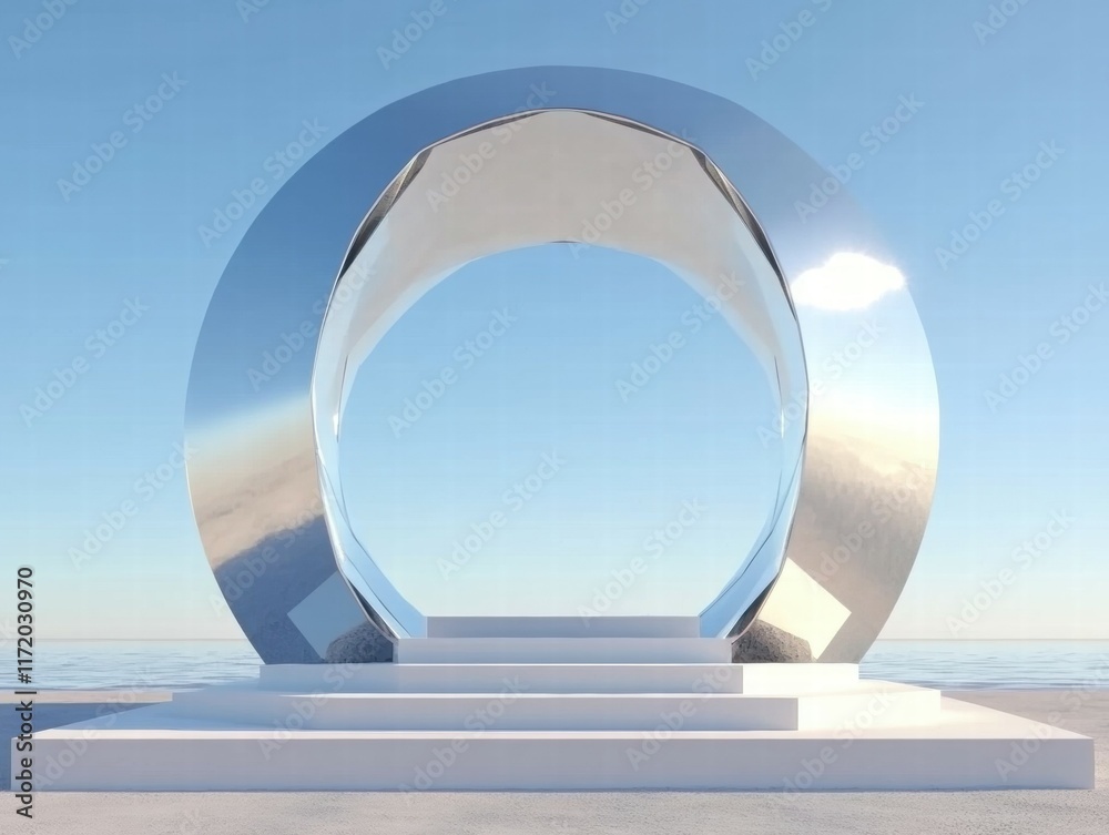 Aufkleber a large, reflective archway structure with steps, set against a serene sky and water backdrop.