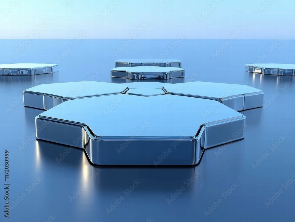 Fototapete a futuristic hexagonal structure floating on water, reflecting light in a serene environment.