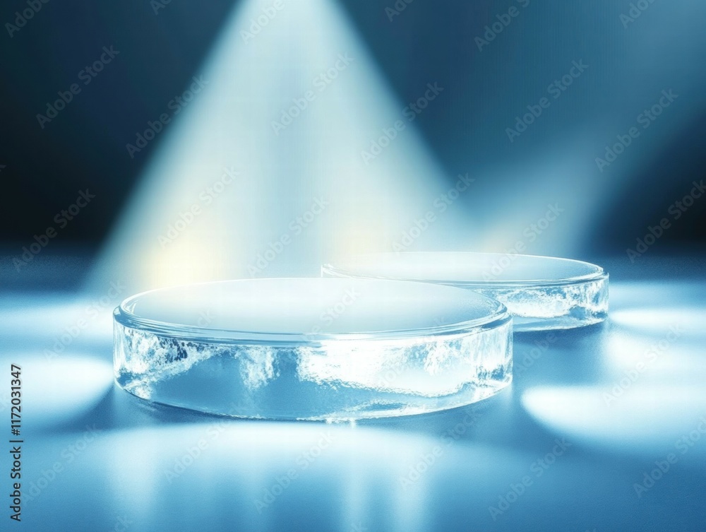 Leinwandbilder two translucent circular objects illuminated by beams of light against a soft blue background.