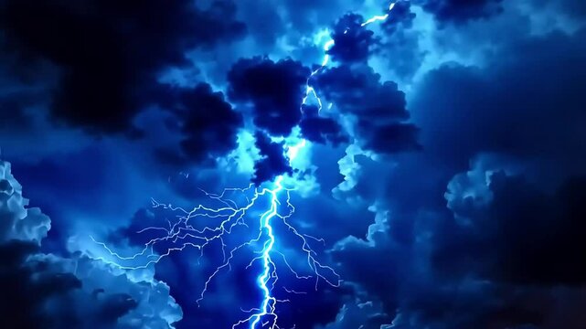 Dramatic blue lightning bolt striking through dark stormy clouds, creating a powerful and intense visual.