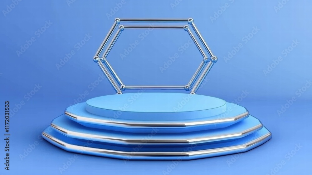 Poster A minimalist blue stage with a hexagonal frame, ideal for presentations or displays.