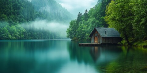 Obraz premium Tranquil lake surrounded by lush green trees