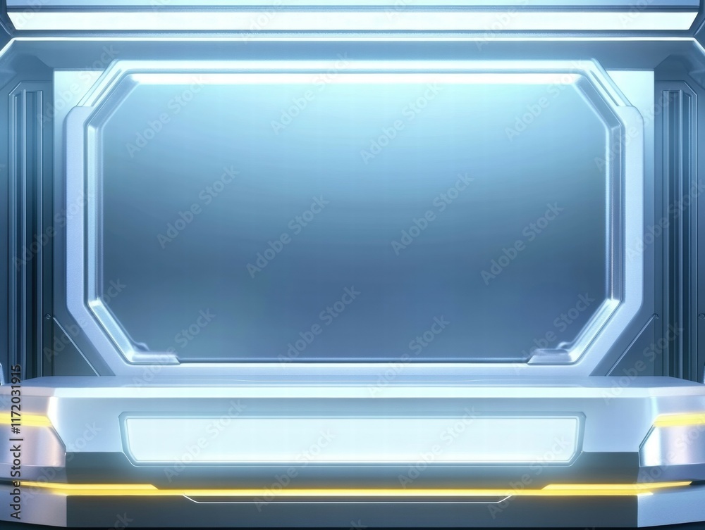 Poster A futuristic, empty display studio with a sleek design and illuminated backdrop.