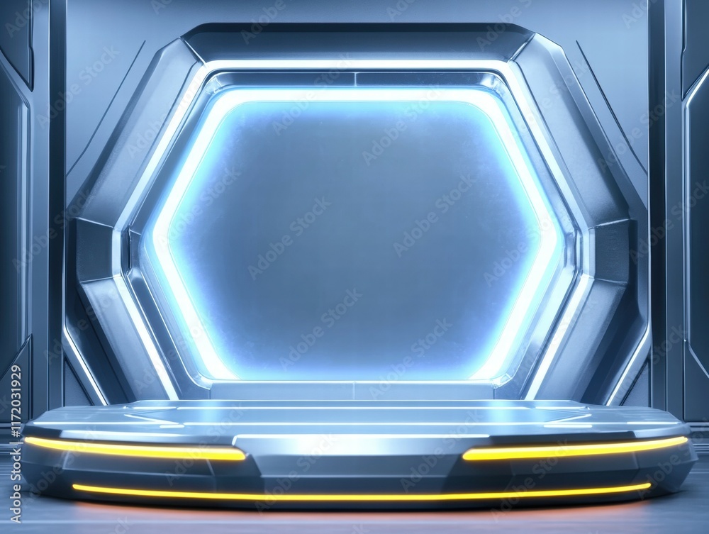 Poster a futuristic hexagonal display stage with glowing edges, ideal for presentations or exhibitions.
