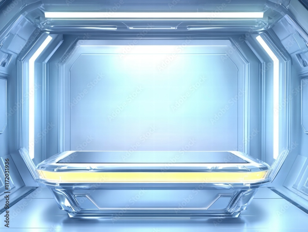 Poster a futuristic, sleek, illuminated space with a transparent platform, suggesting advanced technology.