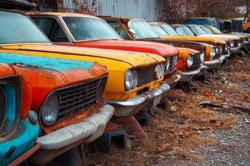 Line of vintage cars in vibrant colors parked outdoors