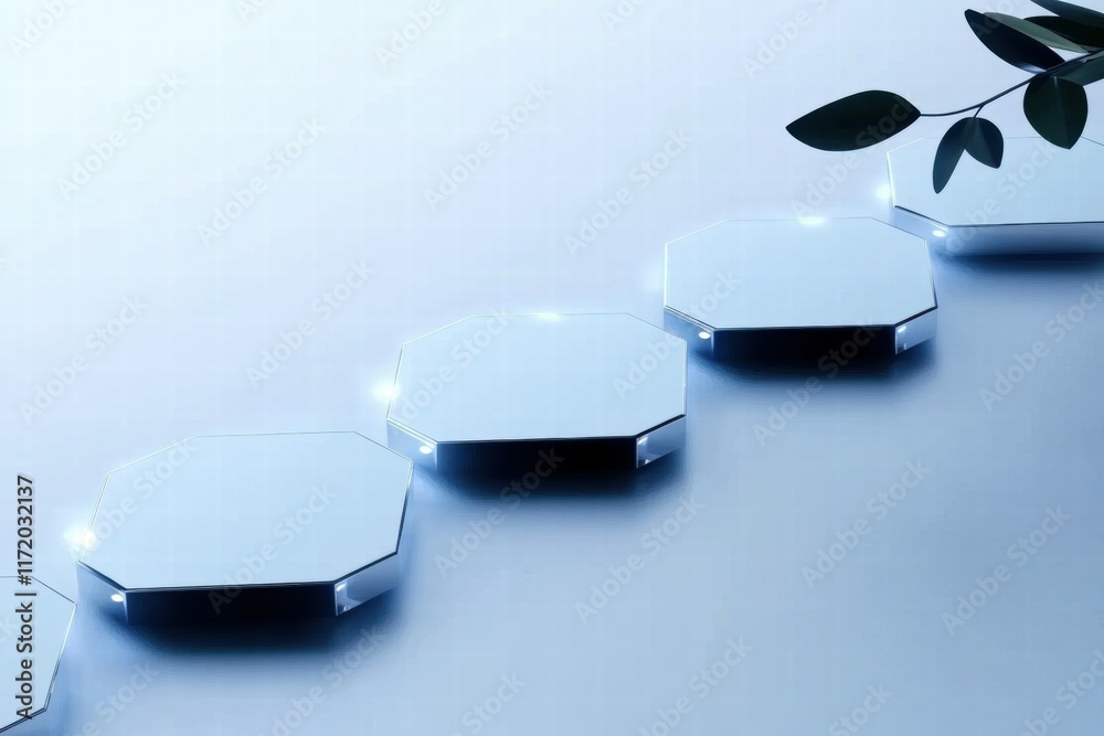 Leinwandbilder a series of illuminated hexagonal panels on a smooth surface, suggesting a modern design.