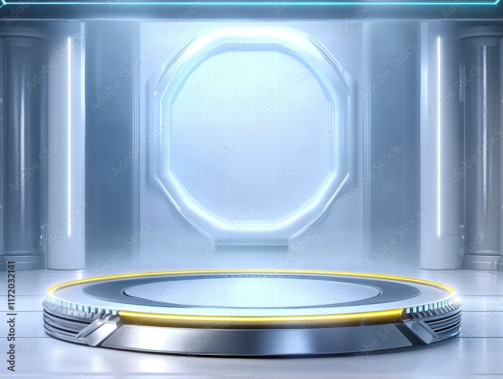 Poster a futuristic stage with a circular platform and glowing accents in a sleek, modern environment.