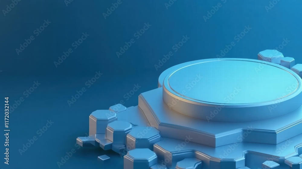 Poster a minimalist blue platform with geometric shapes, suitable for product displays or presentations.
