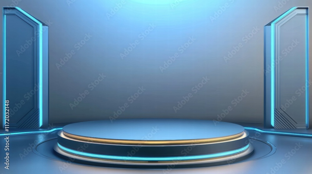Poster a modern, illuminated stage with a circular platform and glowing edges, ideal for presentations.