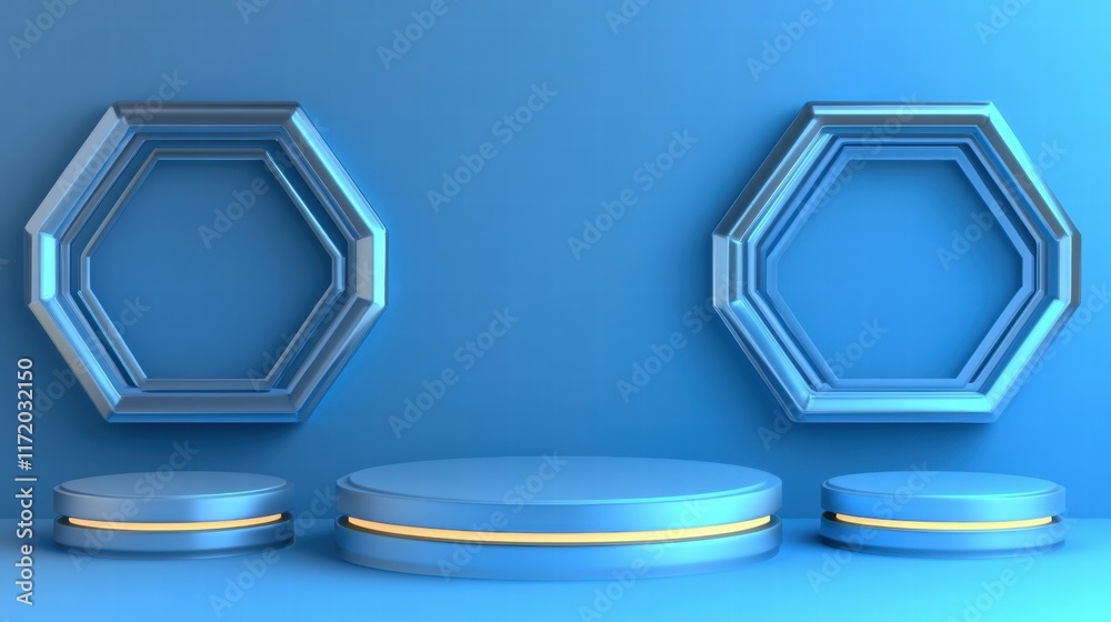 Poster A minimalist blue display with octagonal frames and circular platforms for presentations.