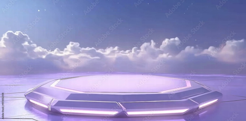 Poster a futuristic platform set against a serene sky with clouds, suggesting a virtual environment.