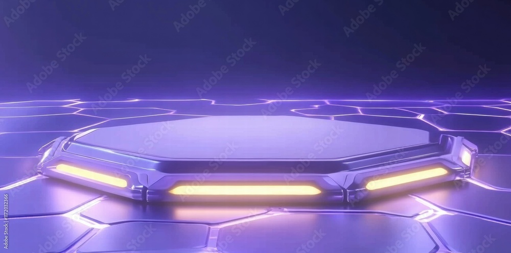 Poster A futuristic hexagonal platform with glowing edges, set against a dark, high-tech background.