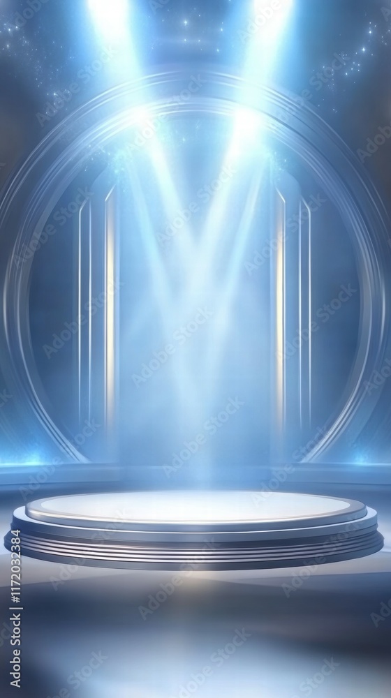 Poster a spotlighted stage with beams of light, creating a dramatic atmosphere for performances.