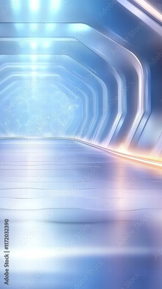 Poster a futuristic corridor with soft lighting and a sleek design, evoking a sci-fi atmosphere.