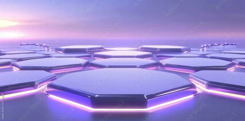 Poster A futuristic landscape featuring hexagonal platforms with glowing edges against a serene backdrop.