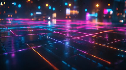Obraz premium Neon Cityscape Grid Illuminated Night Surface