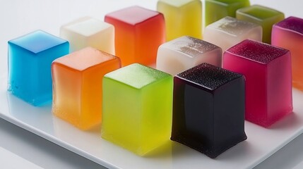 Fototapeta premium Colorful jelly cubes arranged on a white plate.