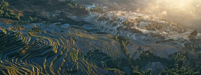 A serene aerial perspective of the rice terraces of Yuanyang, China, with terraced fields cascading down mist-covered mountains at sunrise