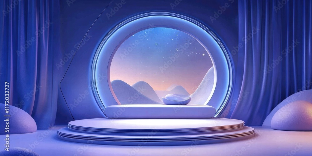 Poster a serene, futuristic stage with soft lighting and a scenic backdrop.