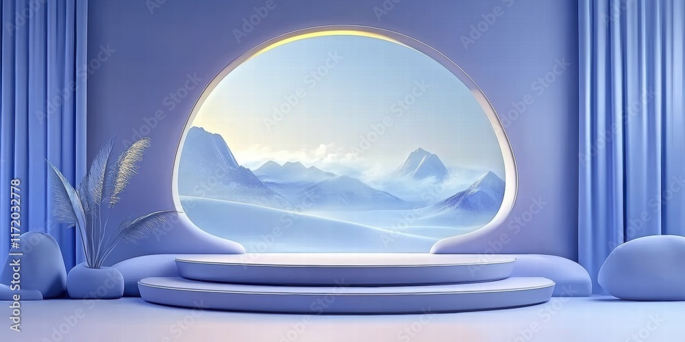 Poster a serene stage with a mountain view backdrop, designed for presentations or events.