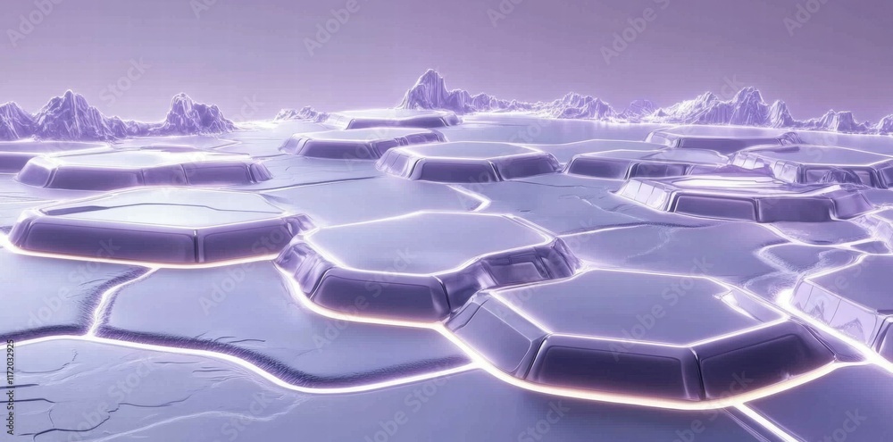 Poster a futuristic landscape with hexagonal platforms and a soft purple hue.