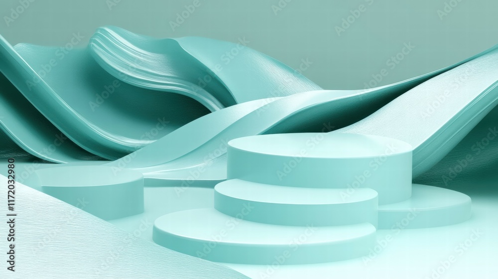 Poster Abstract composition featuring layered waves and circular platforms in a soothing mint color.