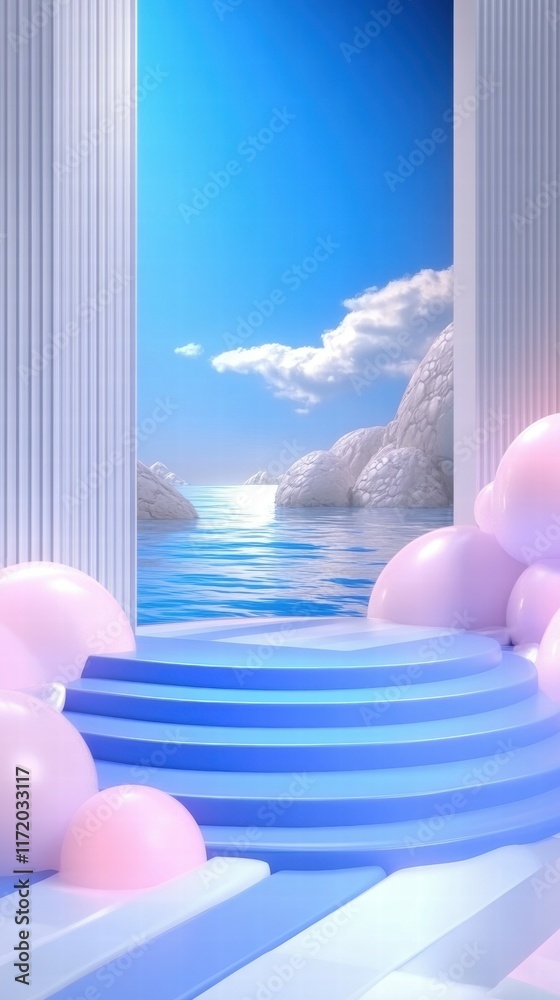 Poster a serene scene featuring a coastal view with steps and pastel balloons, evoking tranquility.