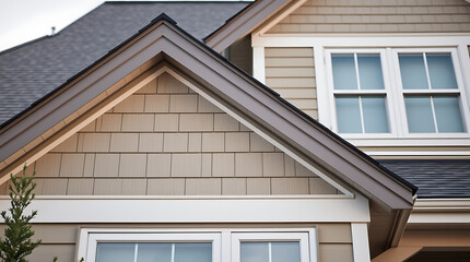 Close-up view of a house exterior, showcasing beige vinyl siding, a dark gray asphalt shingle roof, and white-framed windows.  The image focuses on a gable end with contrasting brown trim.