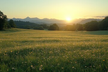 Scenic meadow with daisies and mountain view at sunrise