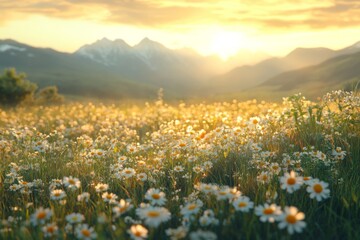 Fototapeta premium Meadow of white flowers with mountains in the background