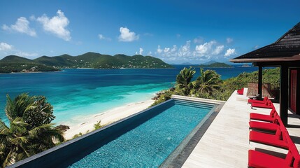Fototapeta premium Outdoor luxury villa pool terrace offering panoramic views of tropical landscapes and decorated with festive red accents