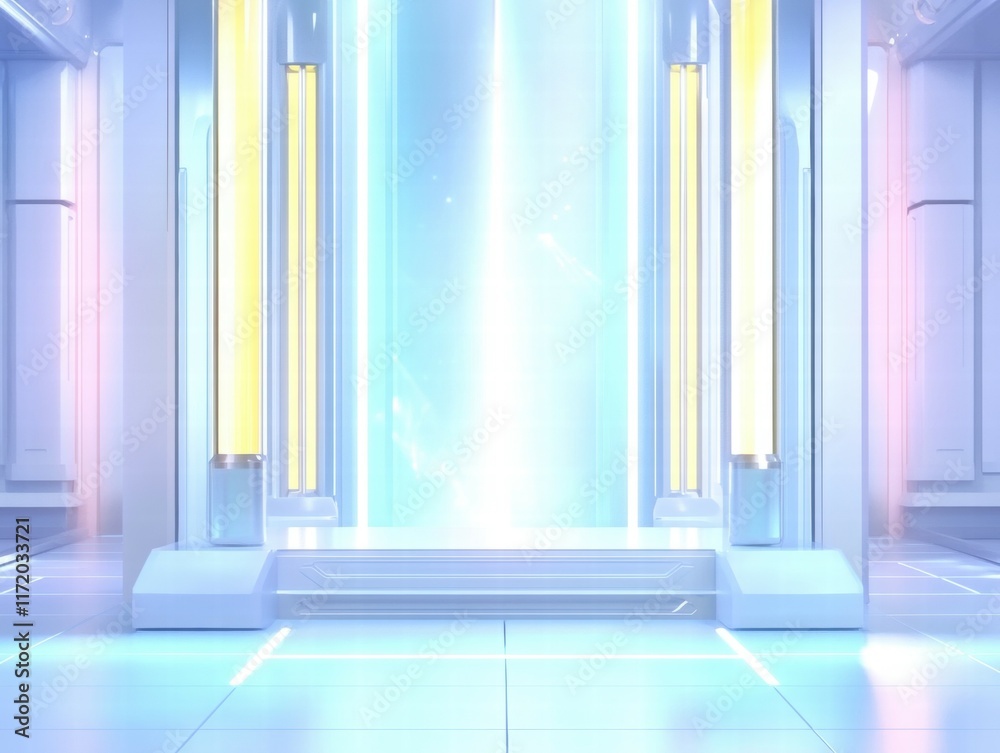 Poster a futuristic, illuminated stage with a glowing backdrop and sleek design.